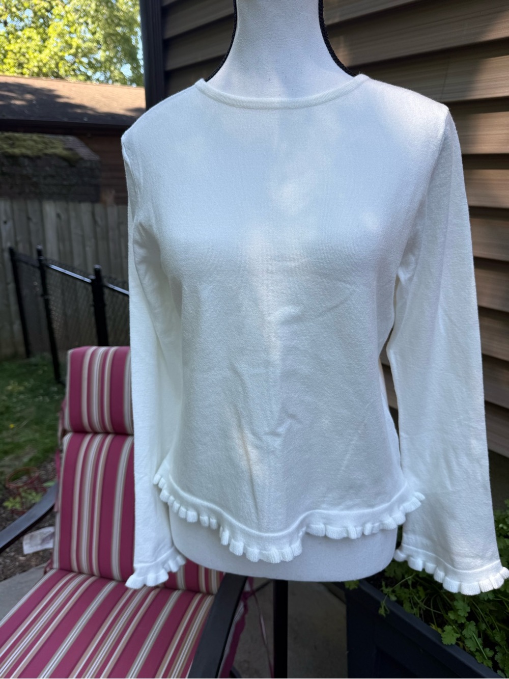 Vila Milano Mock Sweater White Ruffle Collar Waist Hem Academia Minimalist Sz XS